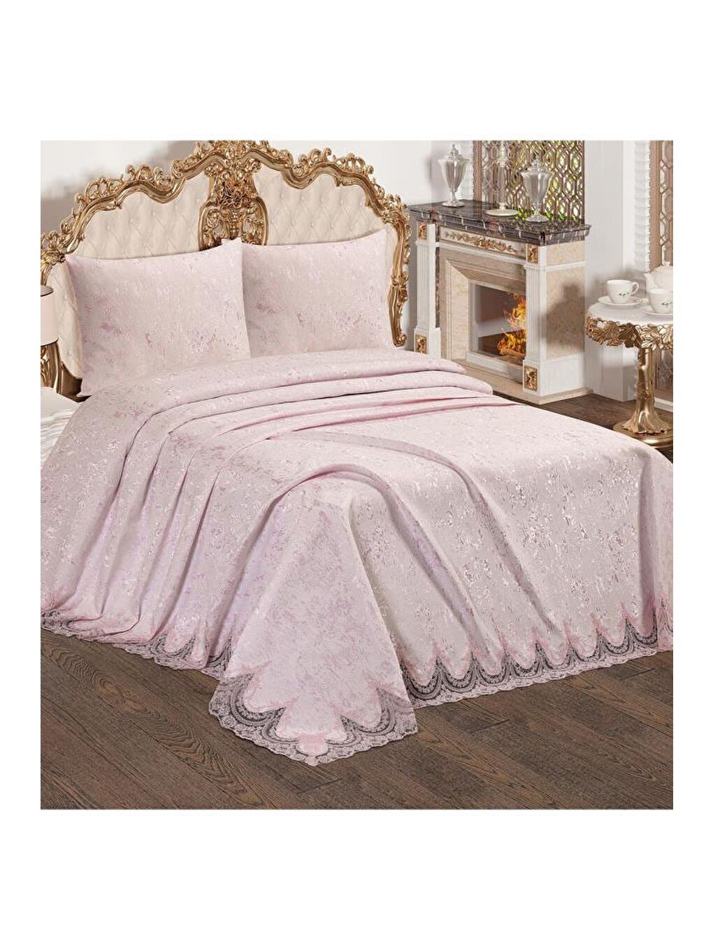 Pembe Fransız Güpürlü Çeyizlik Yatak Örtüsü Bulut Pudra-1