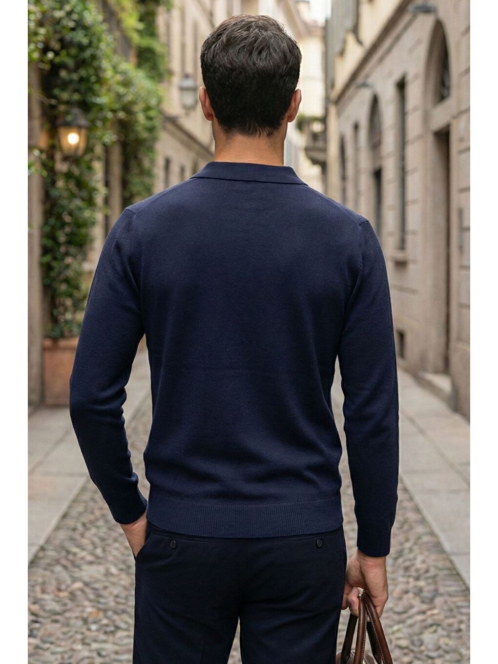 Lacivert Erkek Polo Yaka Kendinden Desenli Triko Kazak-1
