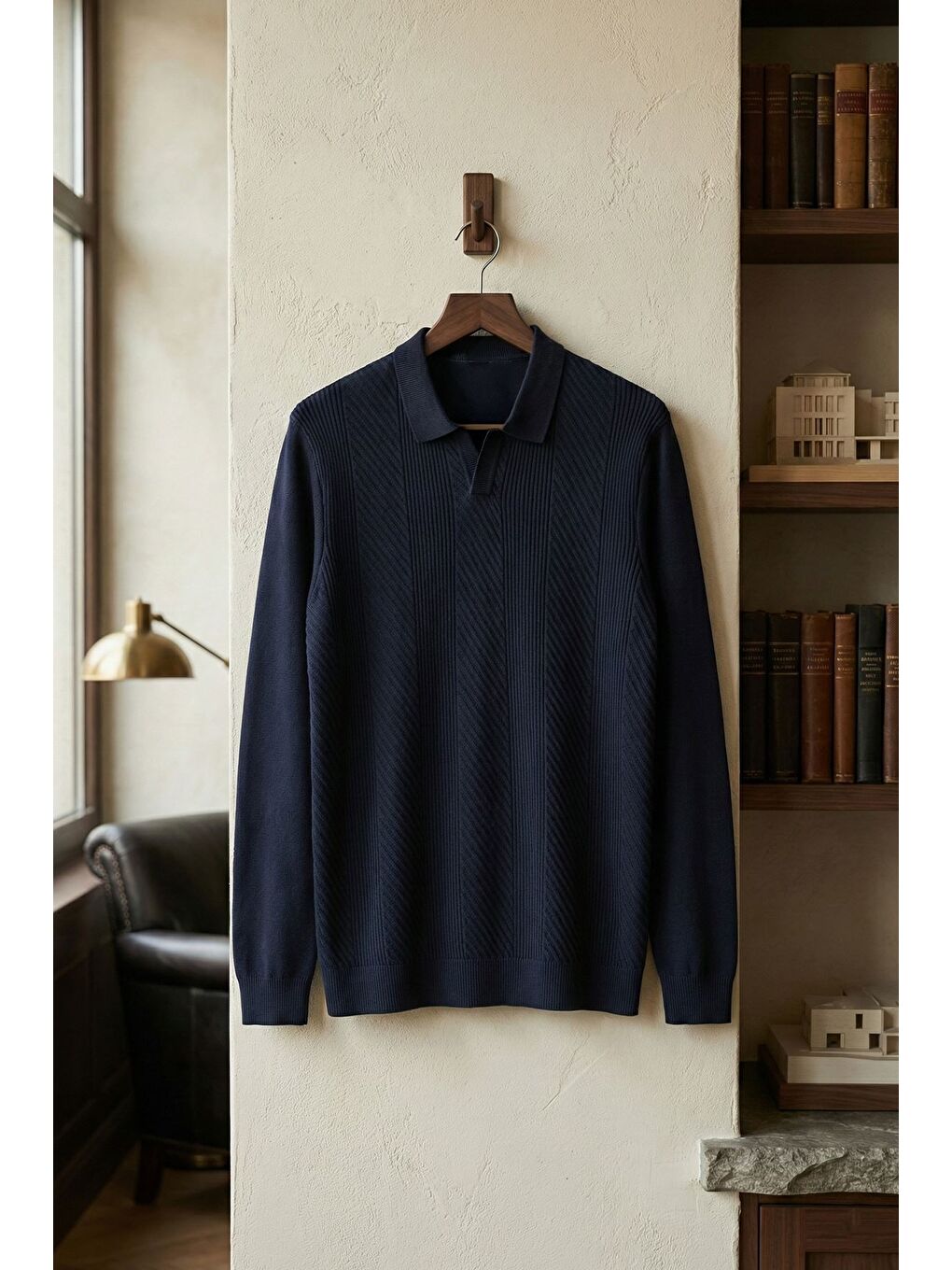 Lacivert Erkek Polo Yaka Kendinden Desenli Triko Kazak-2