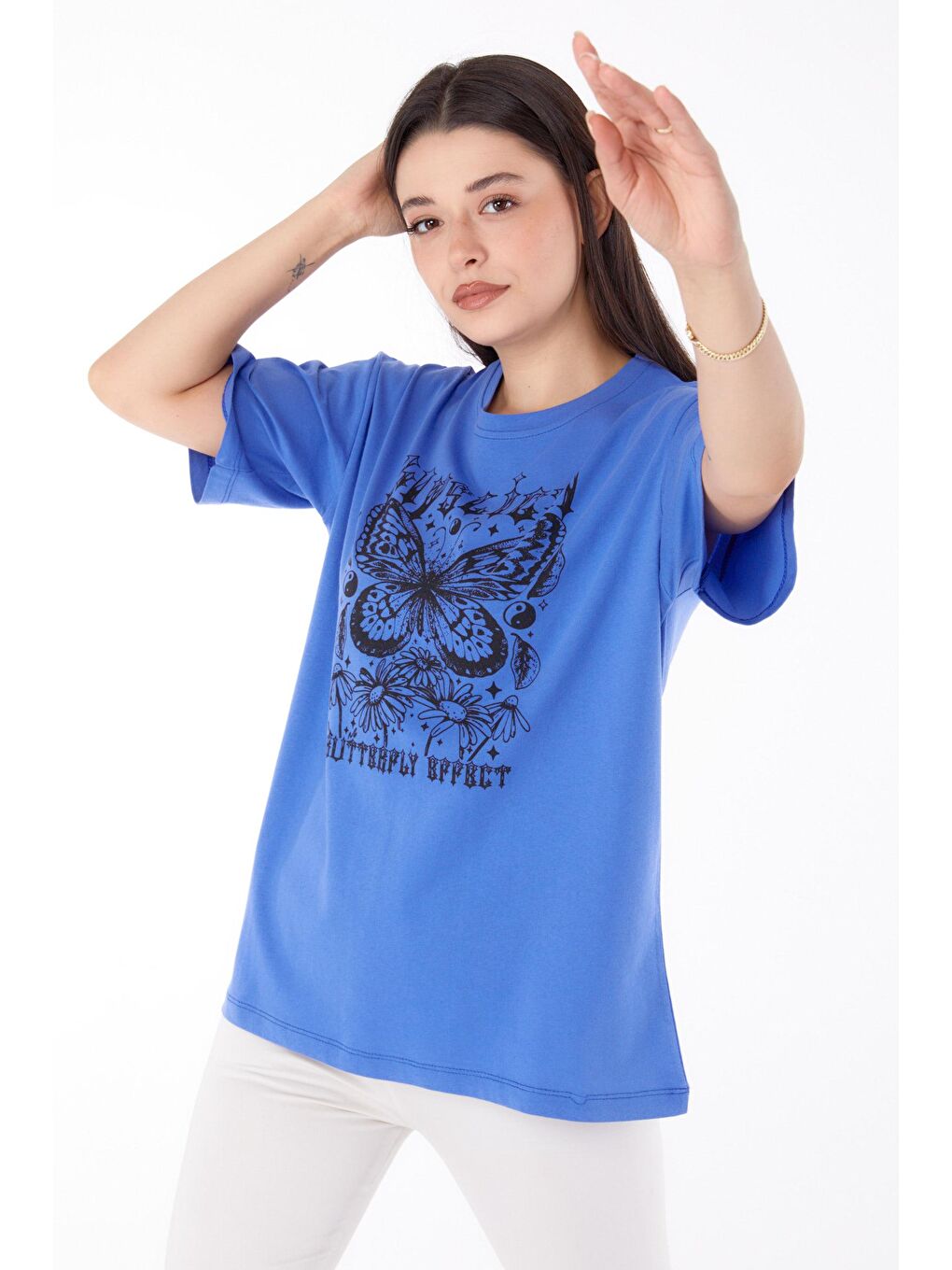 TOFİSA Mor Düz Bisiklet Yaka Kadın Mor Baskılı T-shirt - 25695 - 2