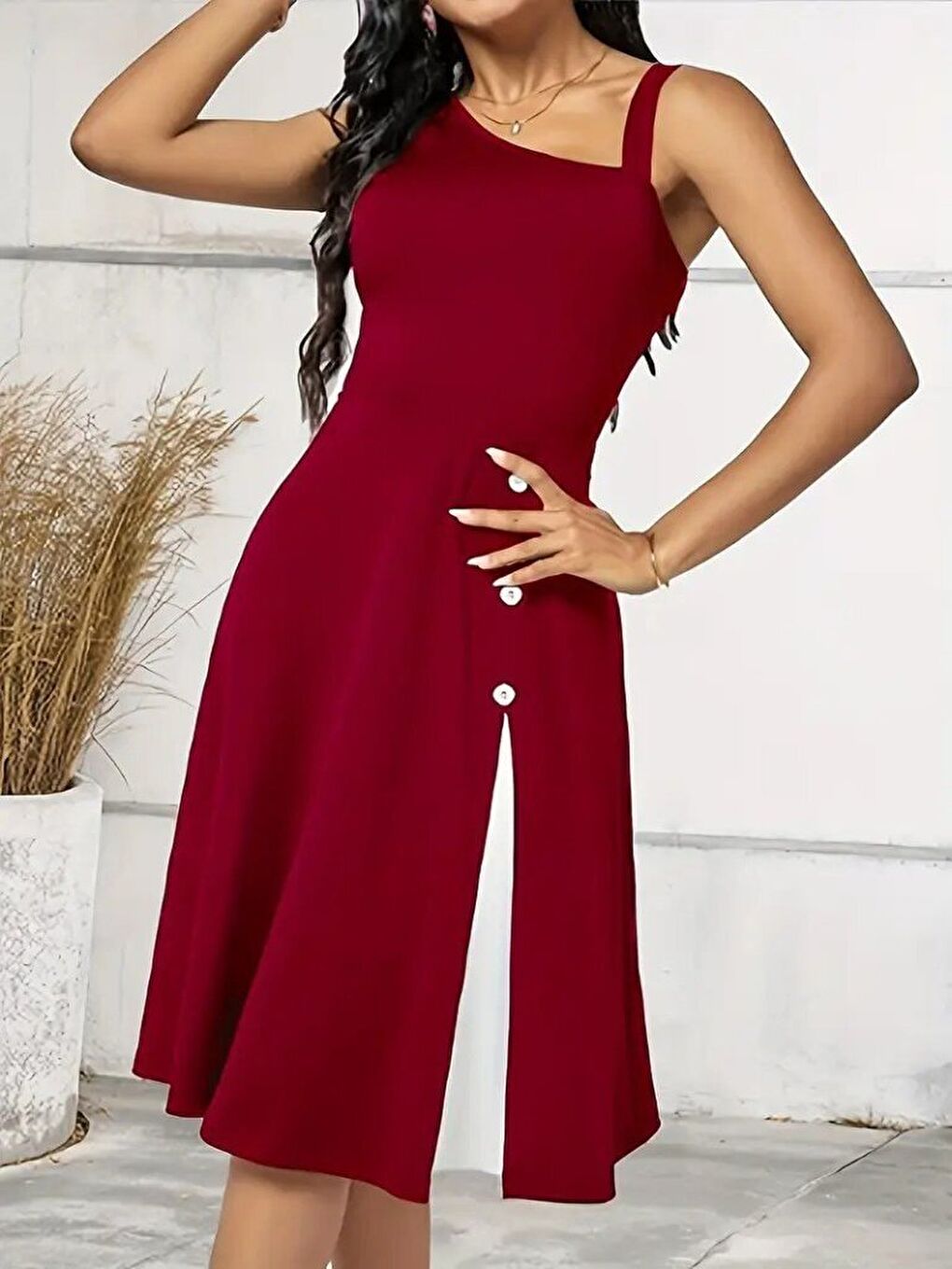 Kırmızı Kadın Tek Omuzu şerit Detaylı Kolsuz Yandan Düğme Detaylı Viskon Elbise-2