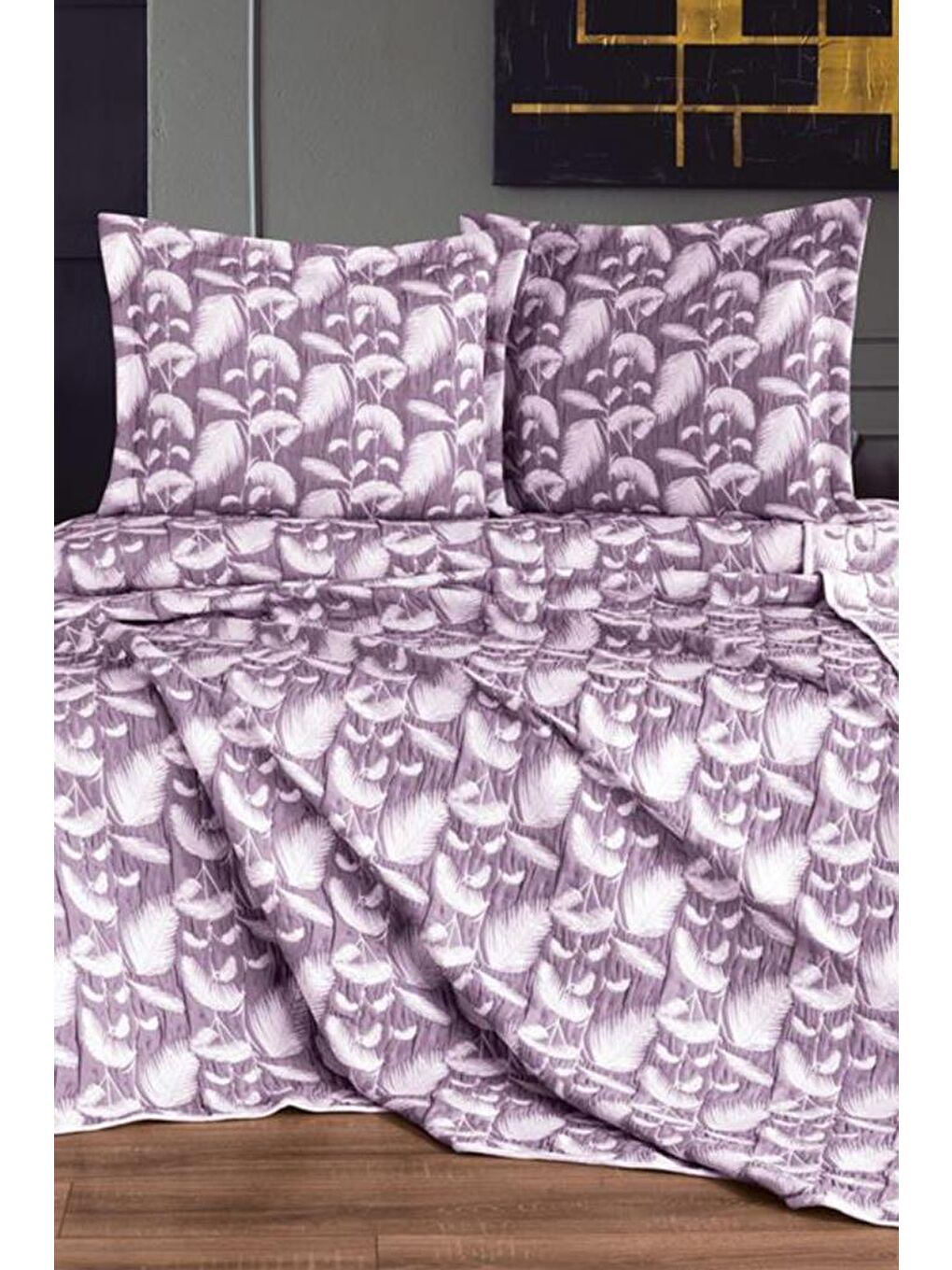 Çift Kişilik Palmiye Çift Taraflı Yatak Örtüsü Takımı Mürdüm-1