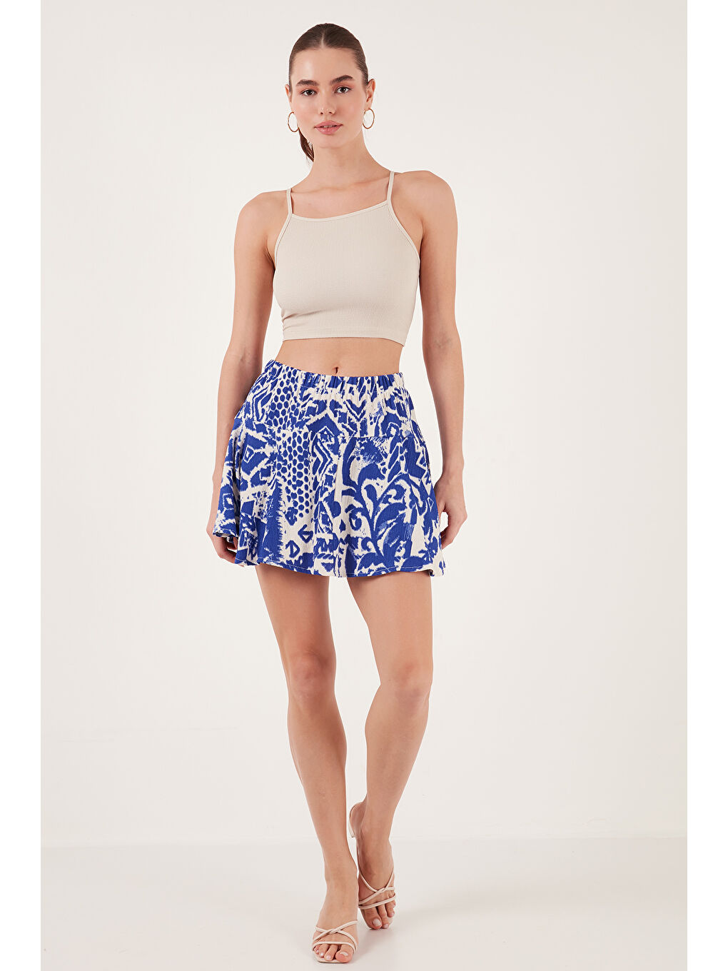 Mavi Desenli Slim Fit Mini Kadın Şort Etek 5869020-5