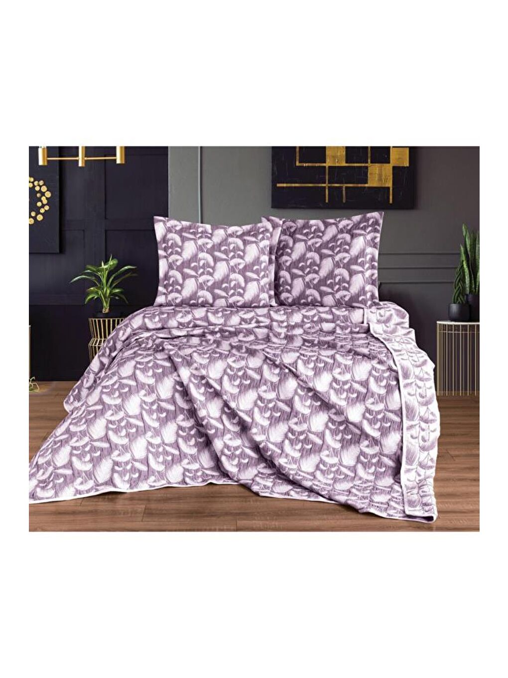 Çift Kişilik Palmiye Çift Taraflı Yatak Örtüsü Takımı Mürdüm-2