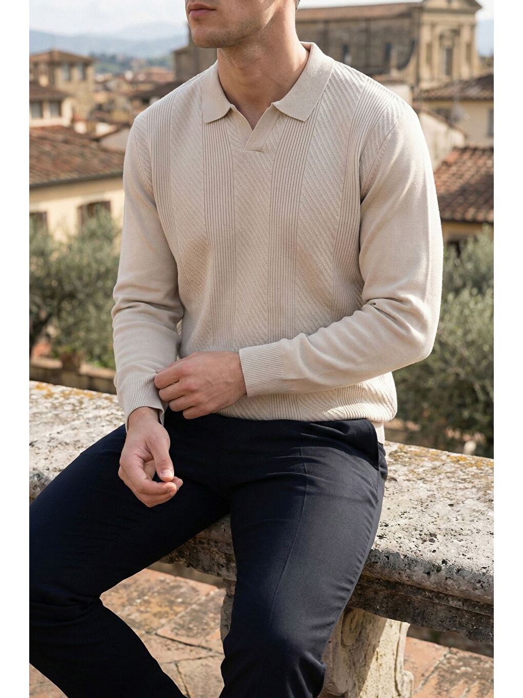 Bej Erkek Polo Yaka Kendinden Desenli Triko Kazak