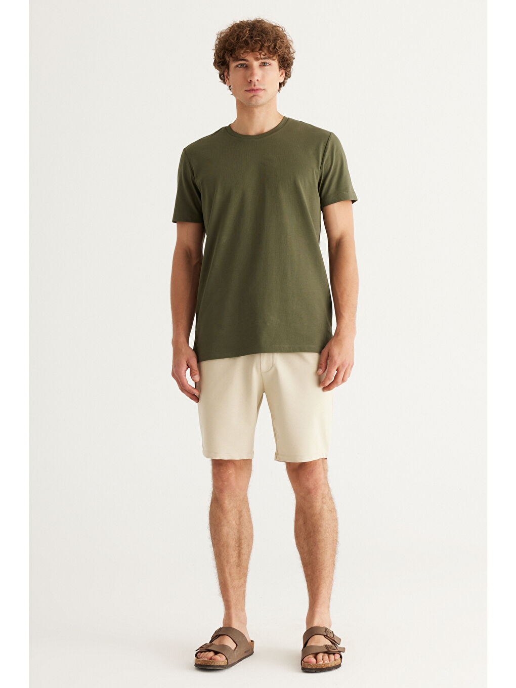 Erkek Haki Slim Fit Dar Kesim Bisiklet Yaka Pamuklu Kısa Kollu Tişört-3