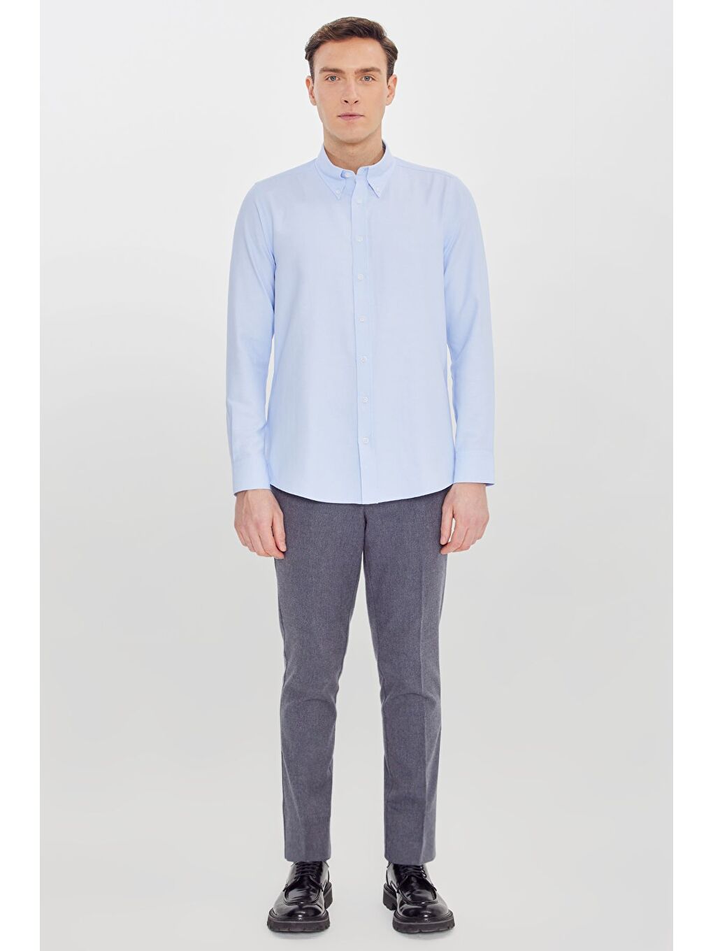 Erkek Açık Mavi Pamuklu Slim Fit Dar Kesim Gant Yaka Oxford Gömlek-1