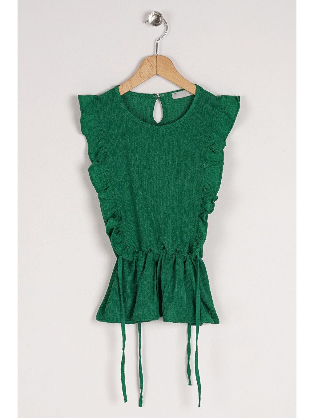 Bisiklet Yaka Fırfır Kol Beli Lastik Detaylı Koyu Yeşil Renk Kız Çocuk Bluz