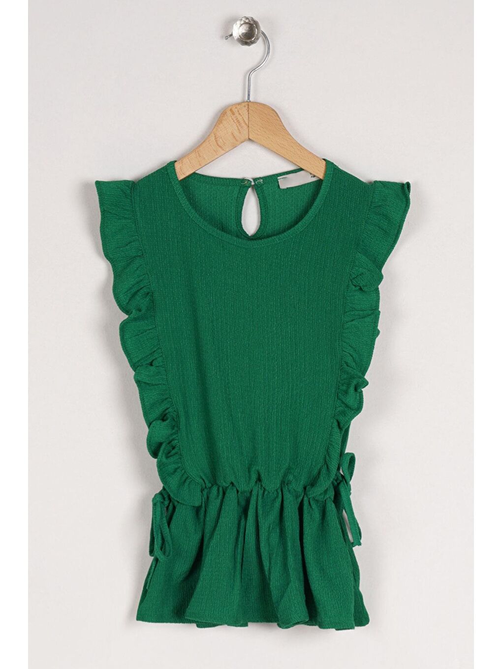 Bisiklet Yaka Fırfır Kol Beli Lastik Detaylı Koyu Yeşil Renk Kız Çocuk Bluz-1