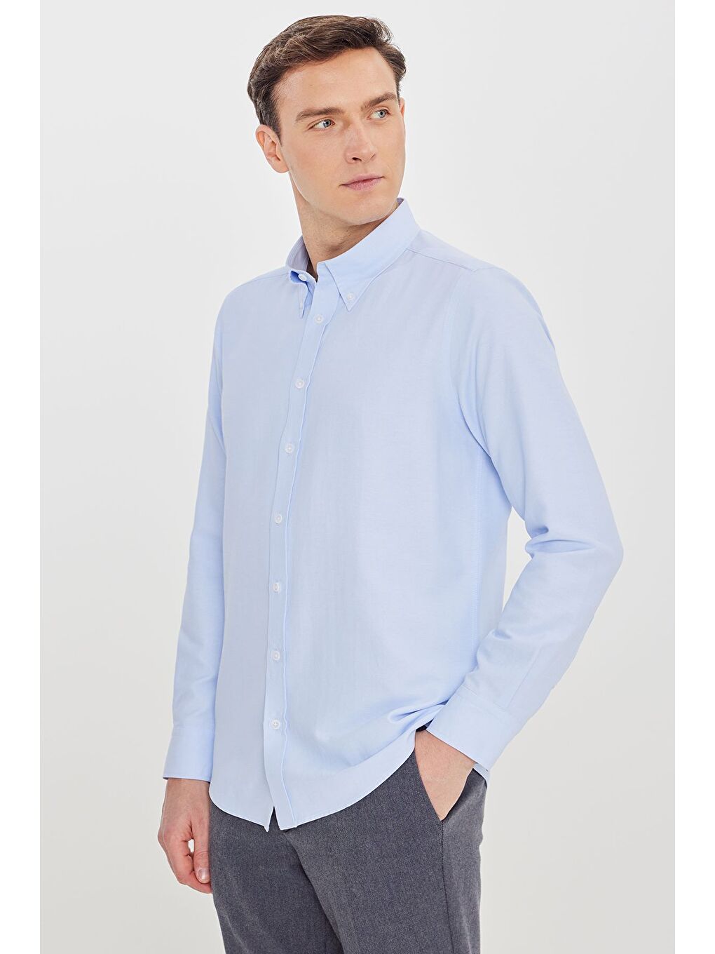 Erkek Açık Mavi Pamuklu Slim Fit Dar Kesim Gant Yaka Oxford Gömlek-2