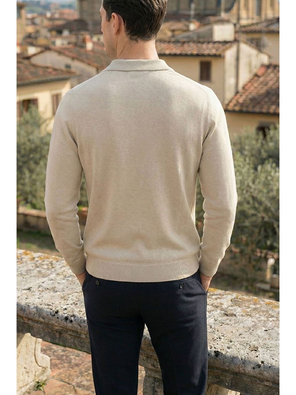 Bej Erkek Polo Yaka Kendinden Desenli Triko Kazak-2