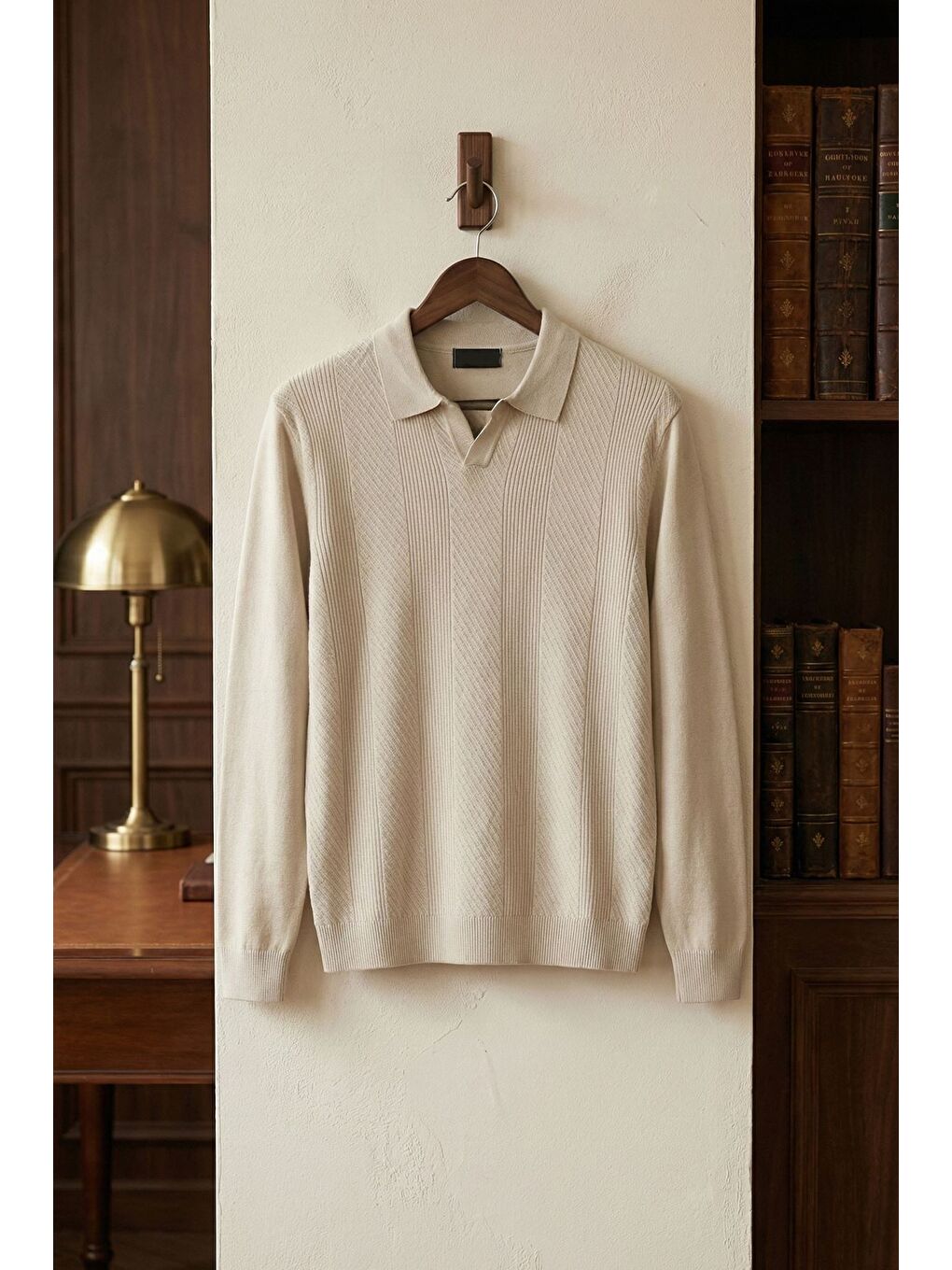 Bej Erkek Polo Yaka Kendinden Desenli Triko Kazak-3