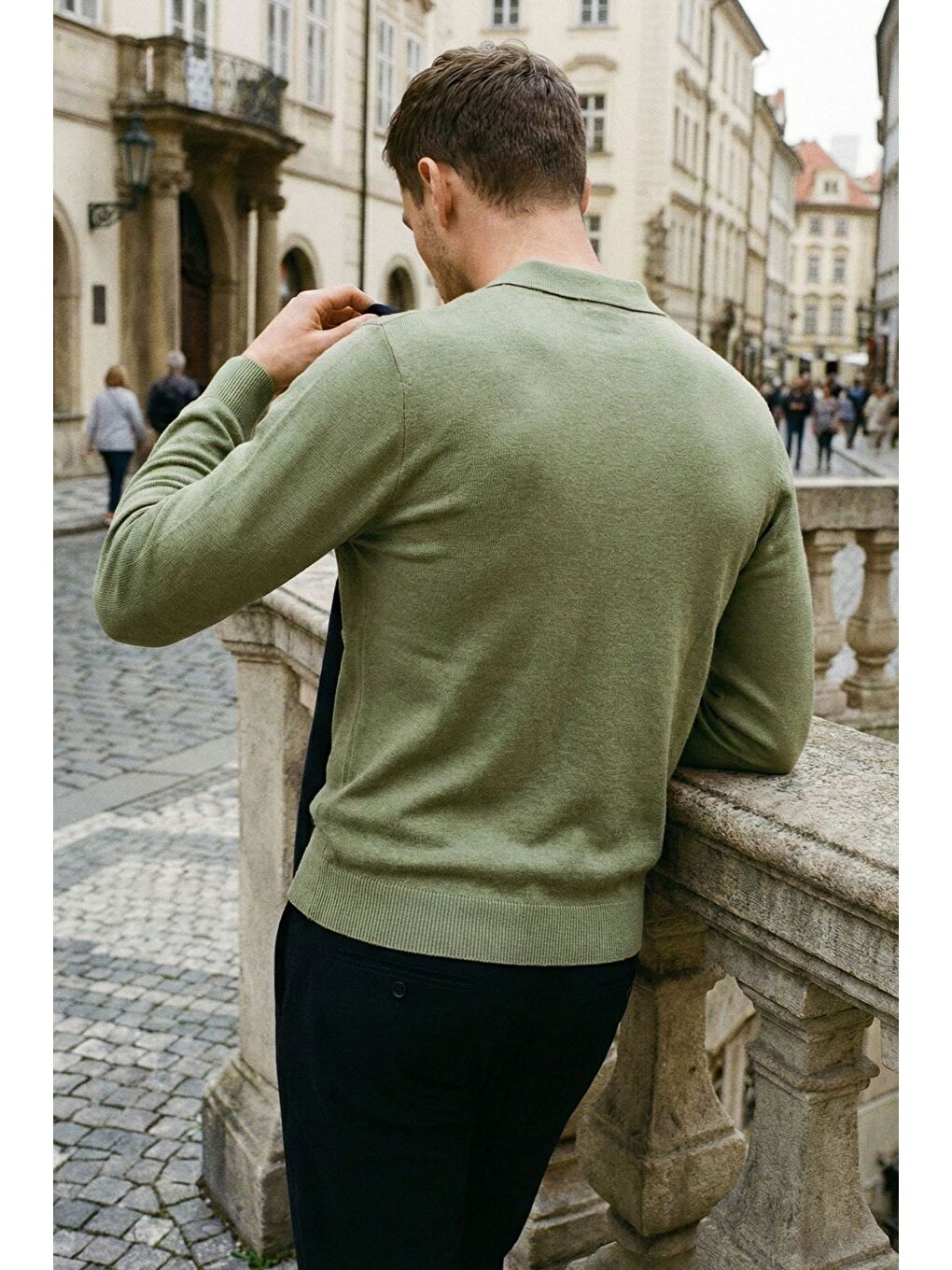 Haki Polo Yaka Kendinden Desenli Erkek Triko Kazak-1