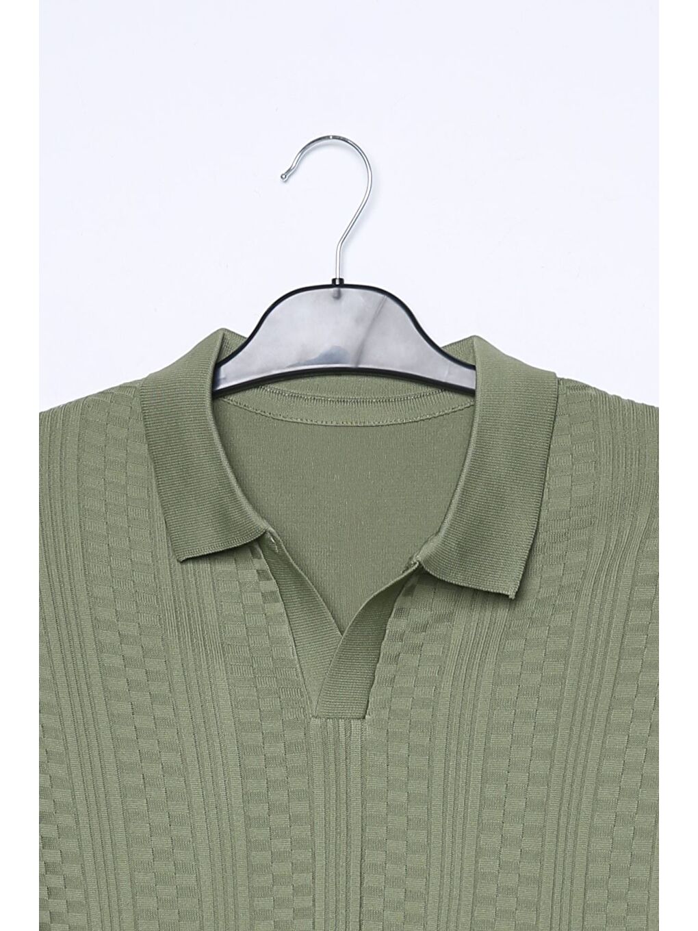 Haki Polo Yaka Kendinden Desenli Erkek Triko Kazak-3