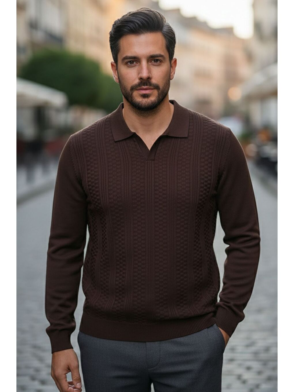 Kahverengi Polo Yaka Kendinden Desenli Erkek Triko Kazak