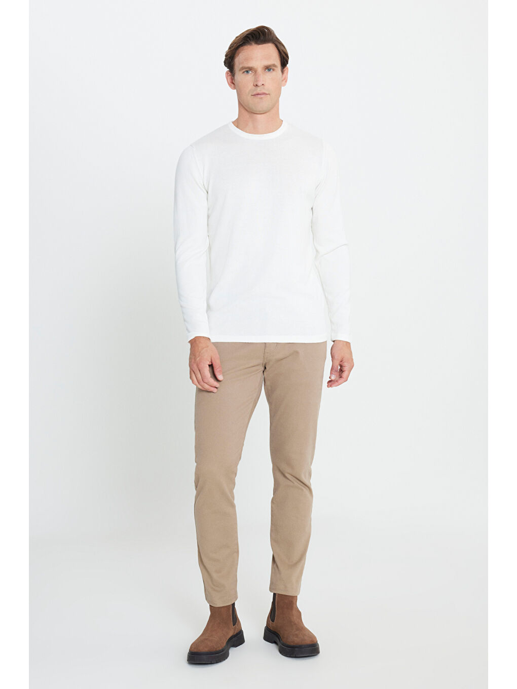 Erkek Ekru Standart Fit Normal Kesim Bisiklet Yaka Triko Kazak-1