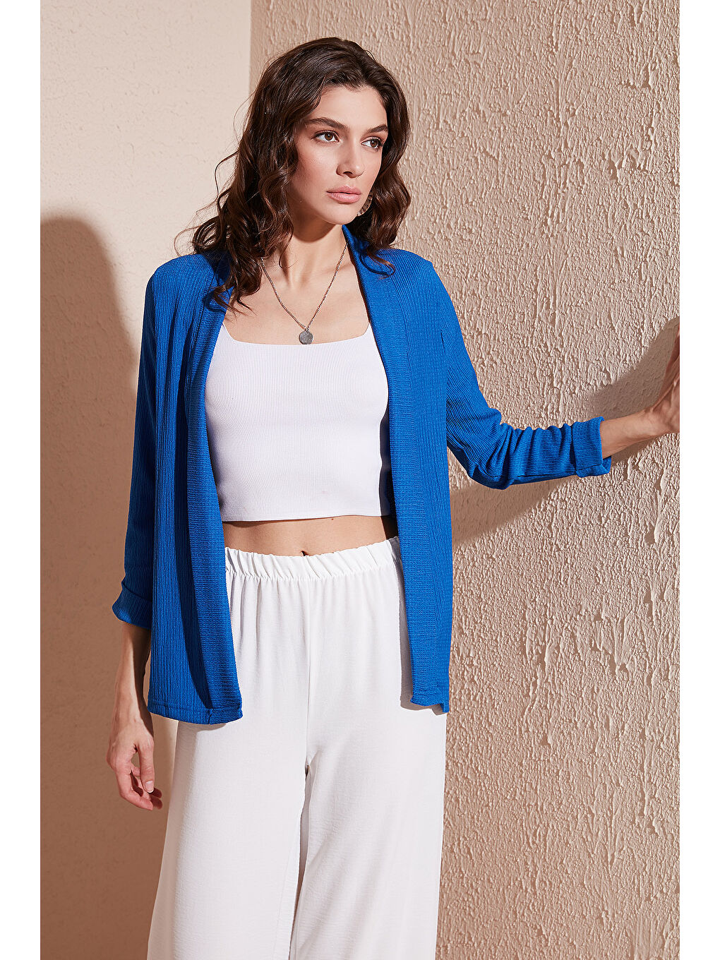 Mavi Yakası ve Kolu Katlı Gofre Kimono Kadın Hırka 5869014