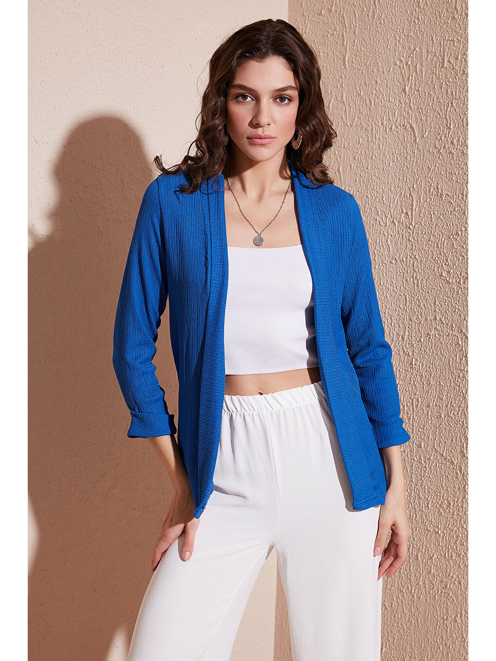 Mavi Yakası ve Kolu Katlı Gofre Kimono Kadın Hırka 5869014-1