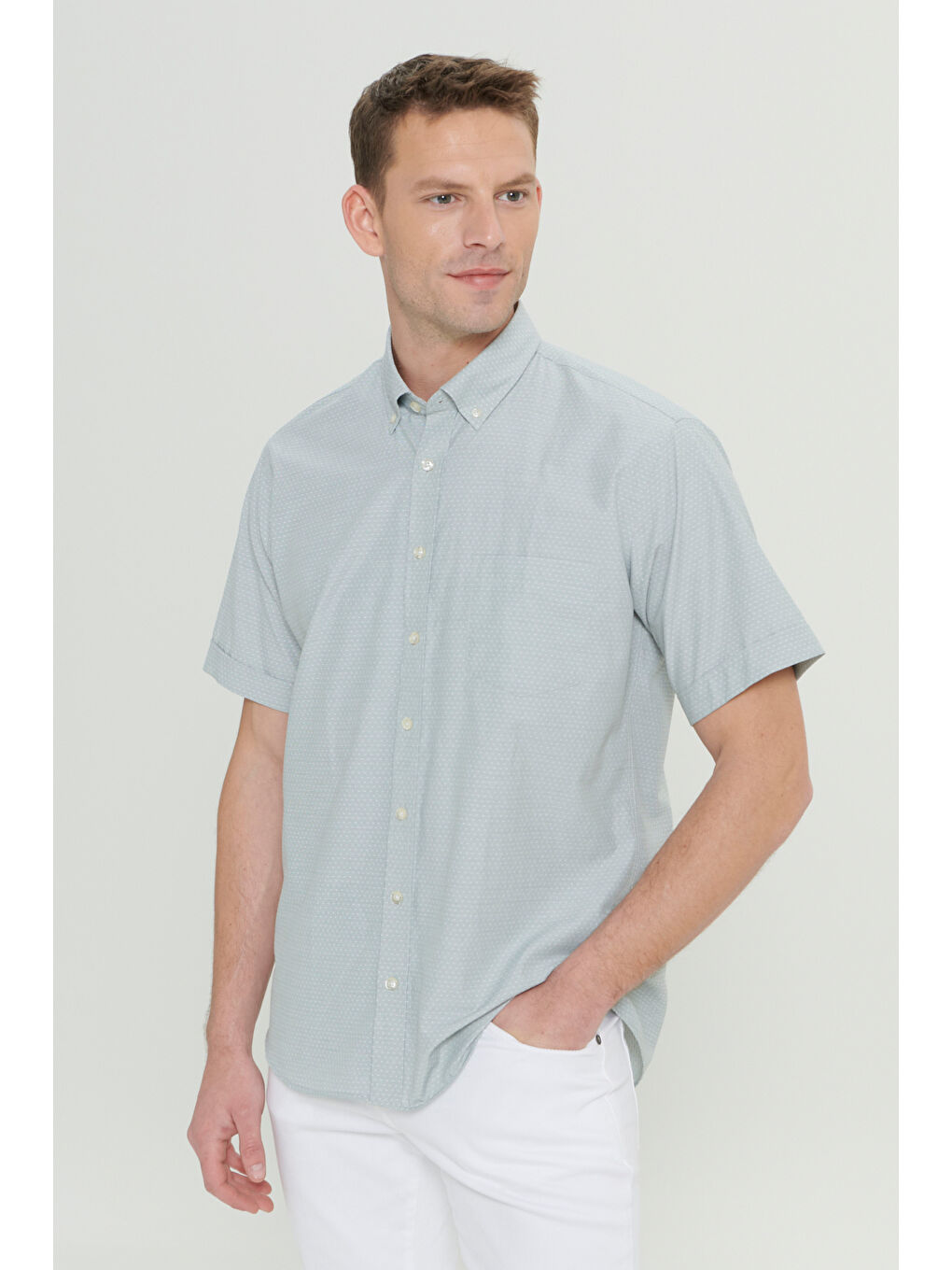 Erkek Haki Comfort Fit Rahat Kesim Düğmeli Yaka Armürlü Kısa Kollu Gömlek