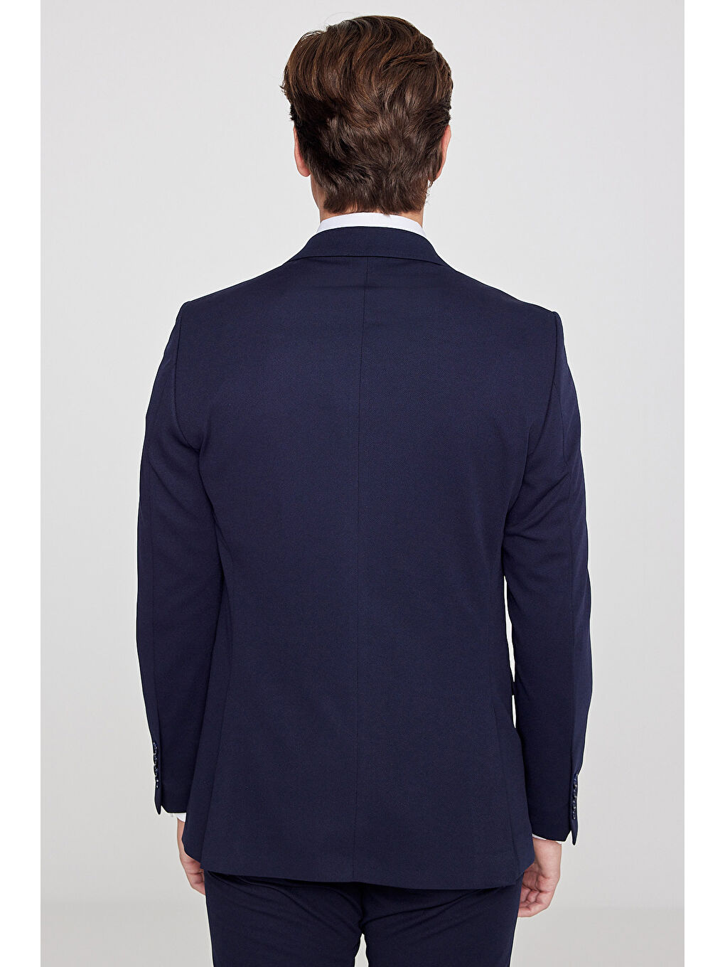 Erkek Lacivert Slim Fit Dar Kesim Mono Yaka Beli Bağlamalı Kapak Cepli Esnek Takım Elbise-6