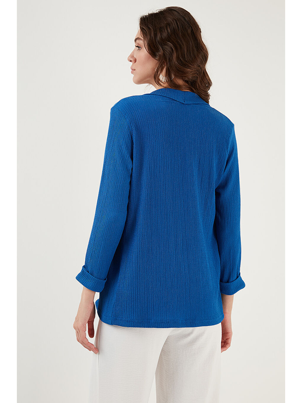 Mavi Yakası ve Kolu Katlı Gofre Kimono Kadın Hırka 5869014-5