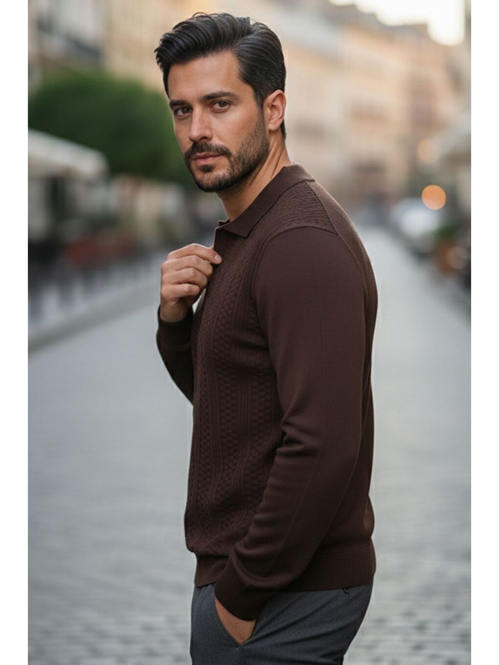 Kahverengi Polo Yaka Kendinden Desenli Erkek Triko Kazak-1