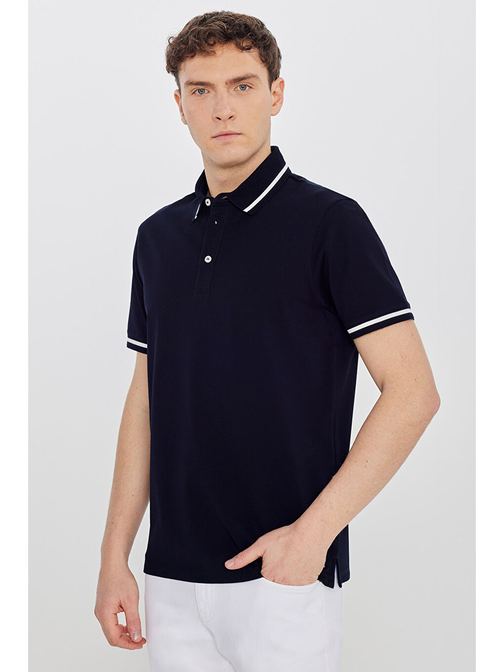 Erkek Lacivert %100 Pamuk Standart Fit Normal Kesim Polo Yaka Tişört