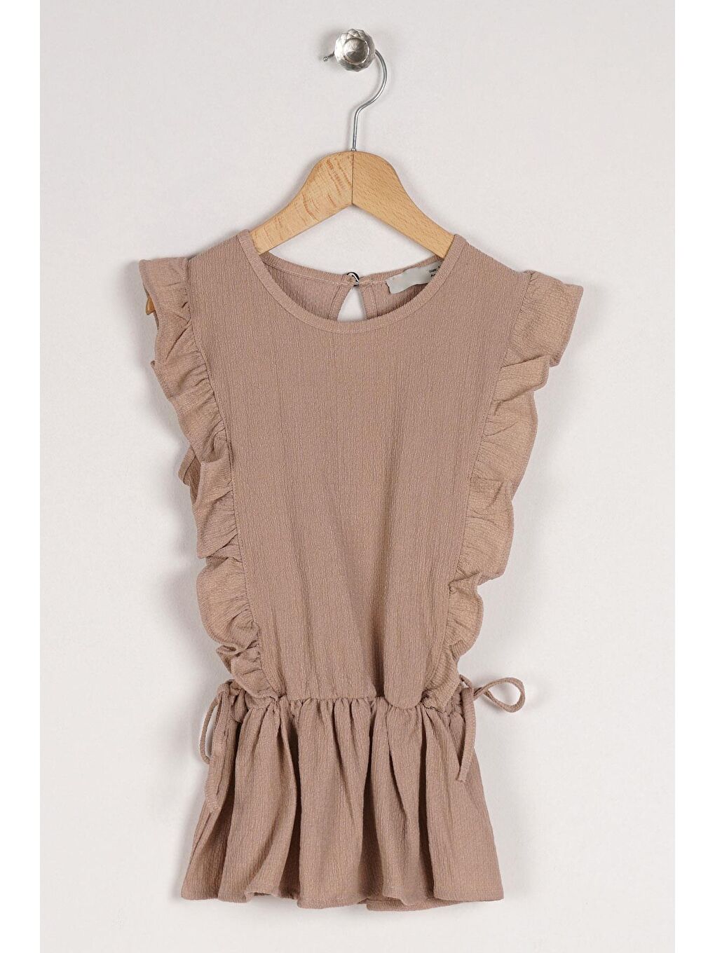 Bisiklet Yaka Fırfır Kol Beli Lastik Detaylı Bej Renk Kız Çocuk Bluz-1