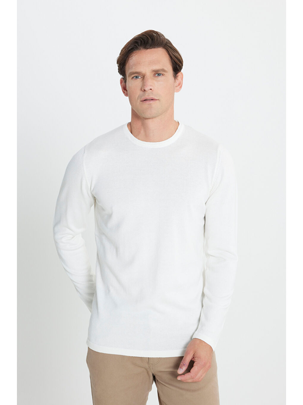 Erkek Ekru Standart Fit Normal Kesim Bisiklet Yaka Triko Kazak-4