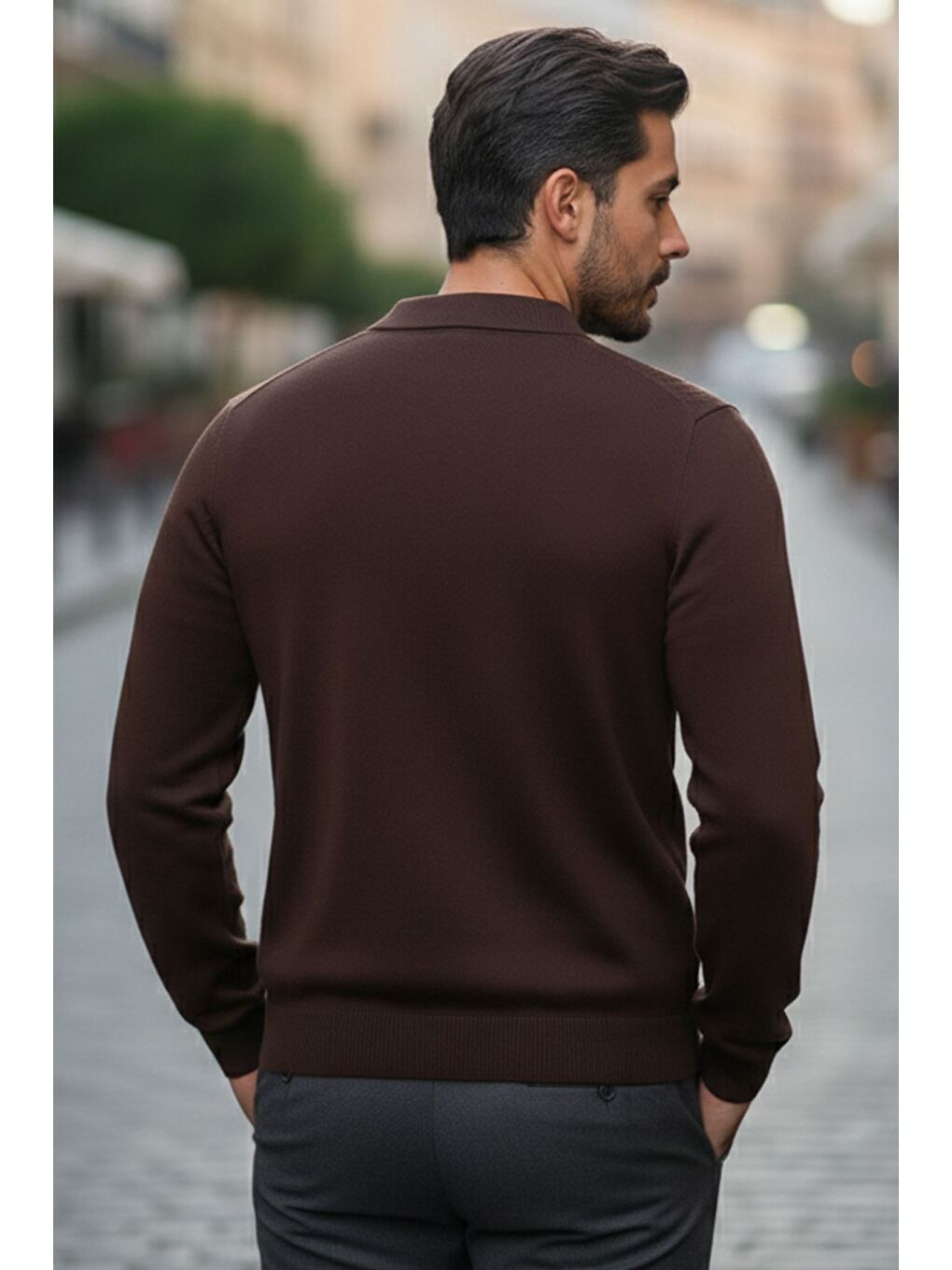 Kahverengi Polo Yaka Kendinden Desenli Erkek Triko Kazak-2