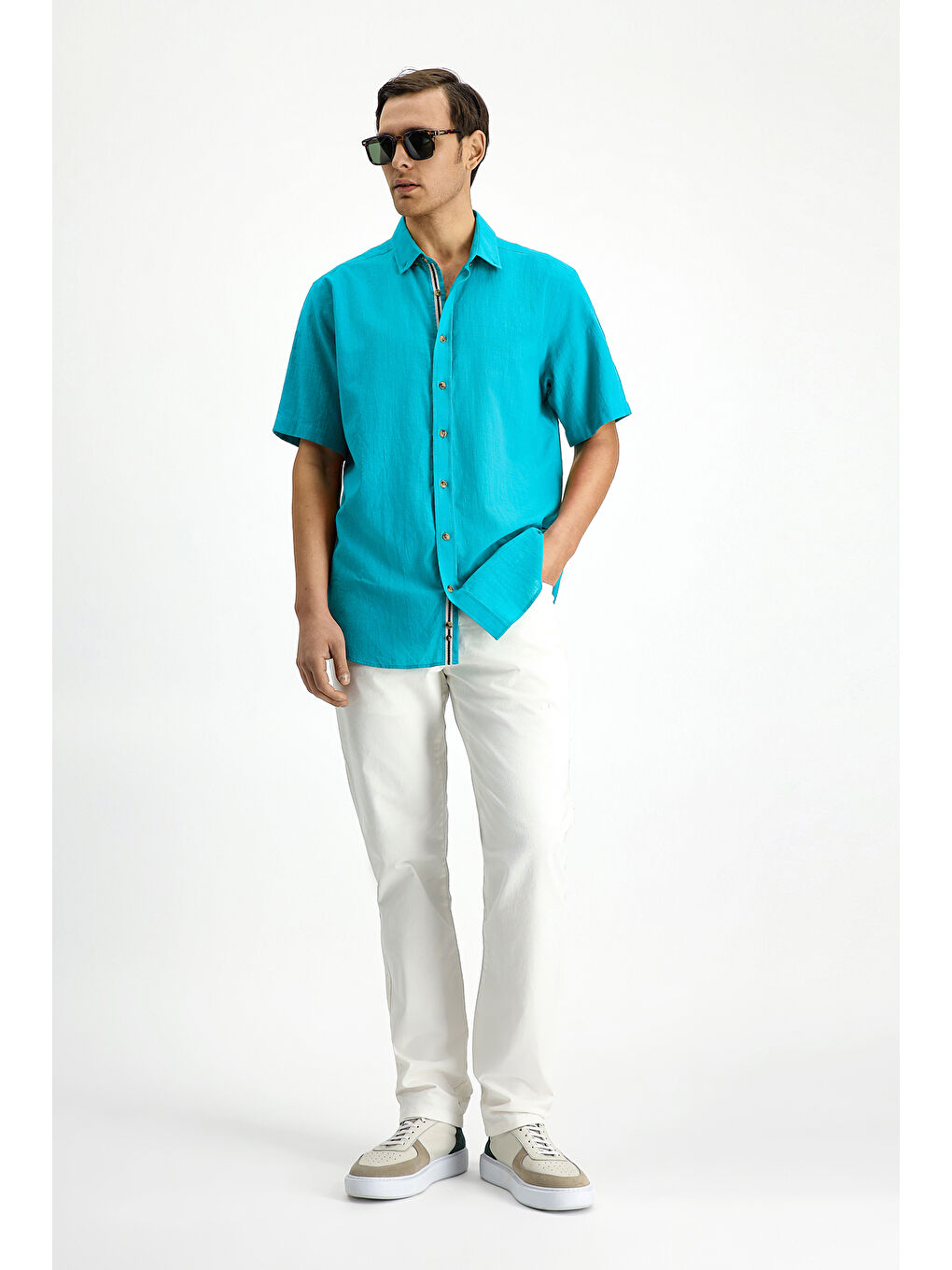 Turkuaz Kısa Kol Regular Fit Düğmeli Yaka Keten Görünümlü Pamuk Spor Gömlek-1