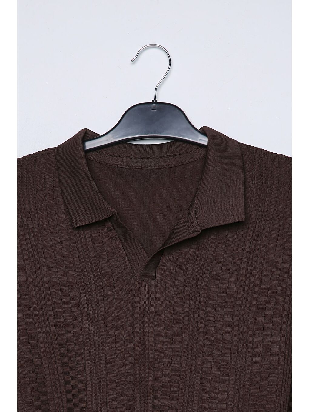 Kahverengi Polo Yaka Kendinden Desenli Erkek Triko Kazak-3