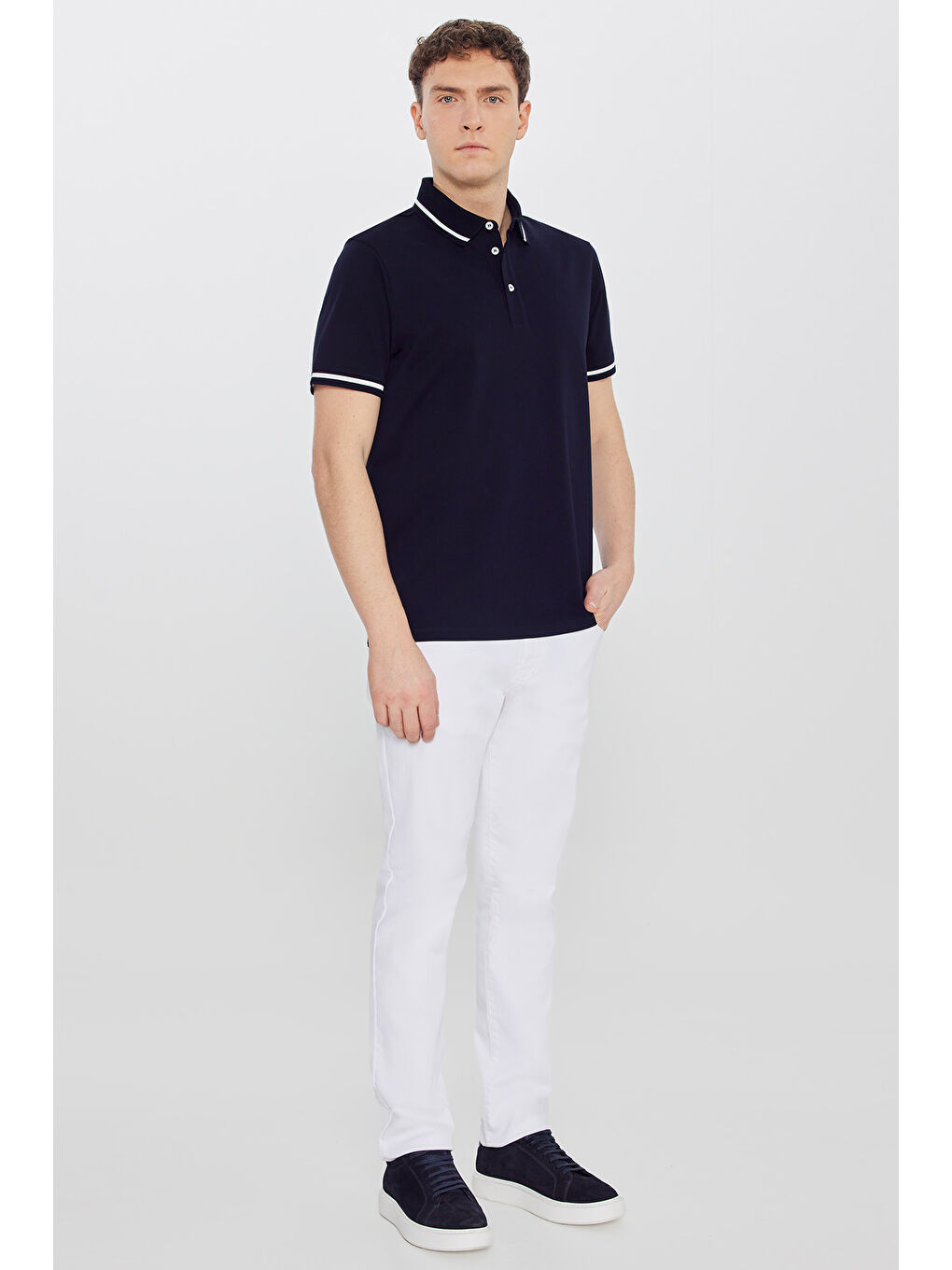 Erkek Lacivert %100 Pamuk Standart Fit Normal Kesim Polo Yaka Tişört-1