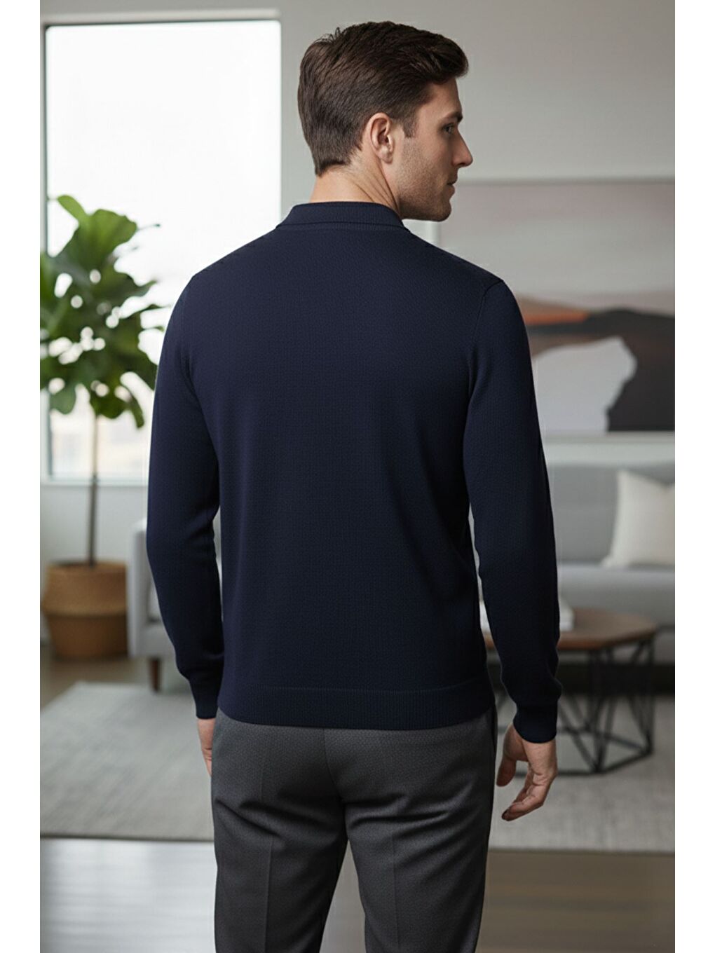 Lacivert Polo Yaka Kendinden Desenli Erkek Triko Kazak-1