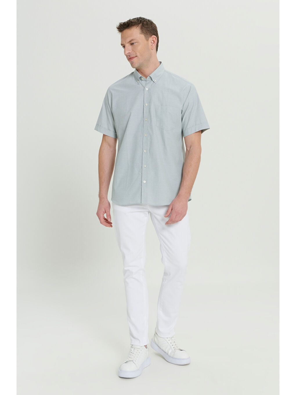 Erkek Haki Comfort Fit Rahat Kesim Düğmeli Yaka Armürlü Kısa Kollu Gömlek-1