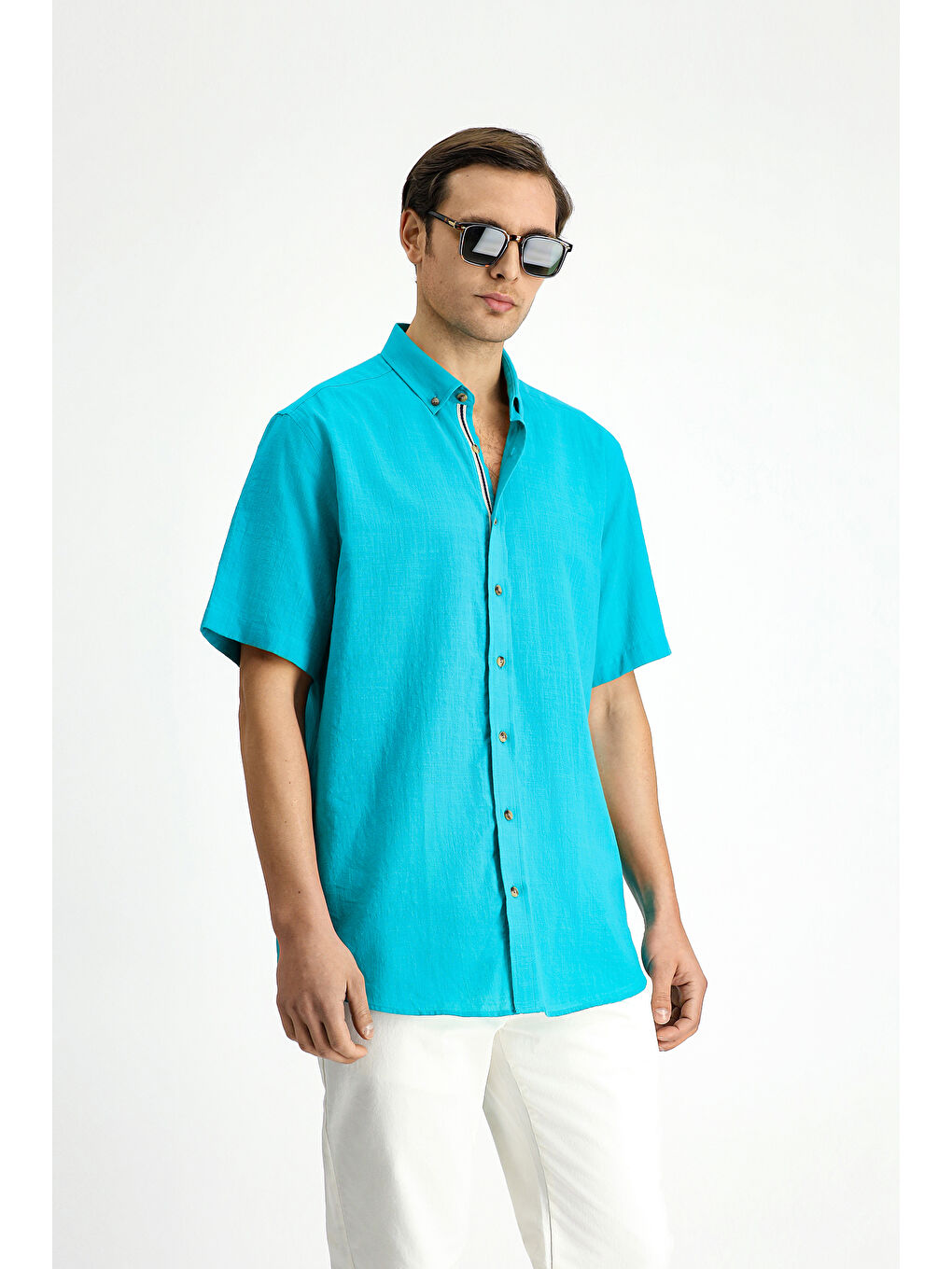 Turkuaz Kısa Kol Regular Fit Düğmeli Yaka Keten Görünümlü Pamuk Spor Gömlek-2