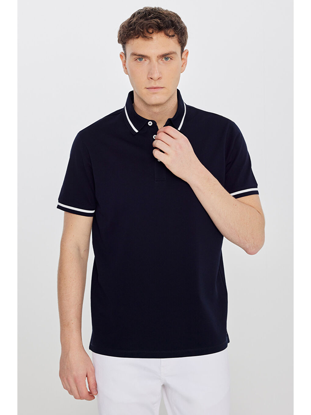 Erkek Lacivert %100 Pamuk Standart Fit Normal Kesim Polo Yaka Tişört-2