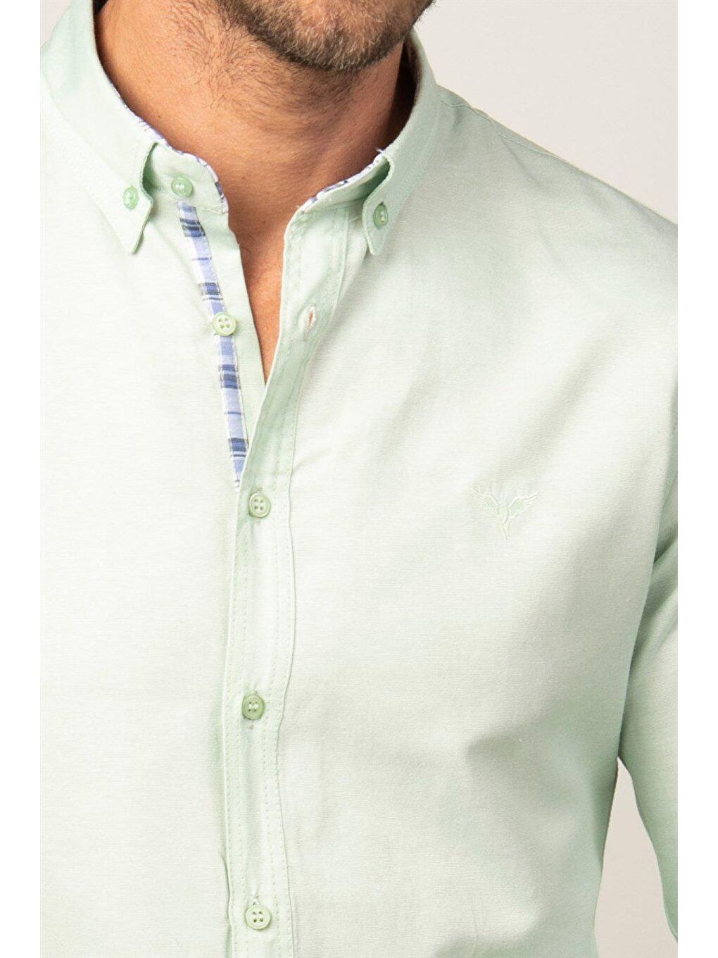 Yeşil Erkek Slim Fit Dar Kesim Uzun Kollu Pamuklu Oxford Doku Kolay Ütülenebilir Mint Düğmeli Yaka Gömlek-2