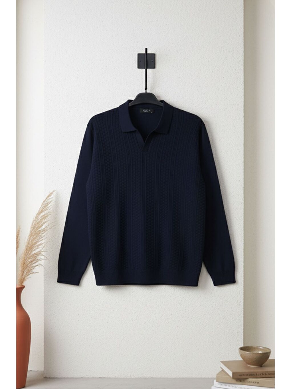 Lacivert Polo Yaka Kendinden Desenli Erkek Triko Kazak-2