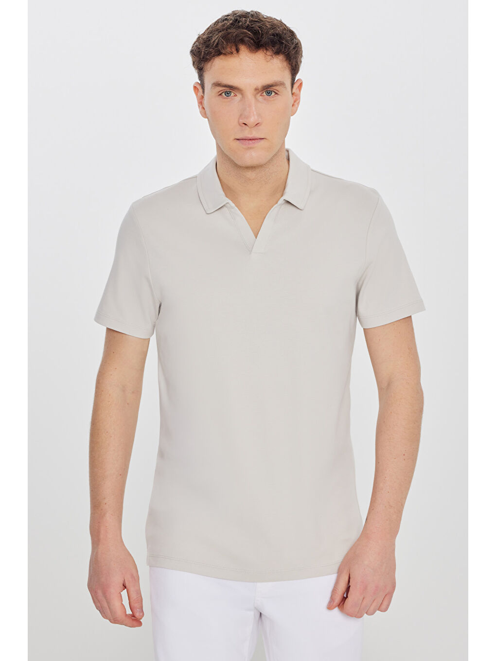 Bej Erkek Taş %100 Pamuk Slim Fit Dar Kesim Polo Yaka Tişört