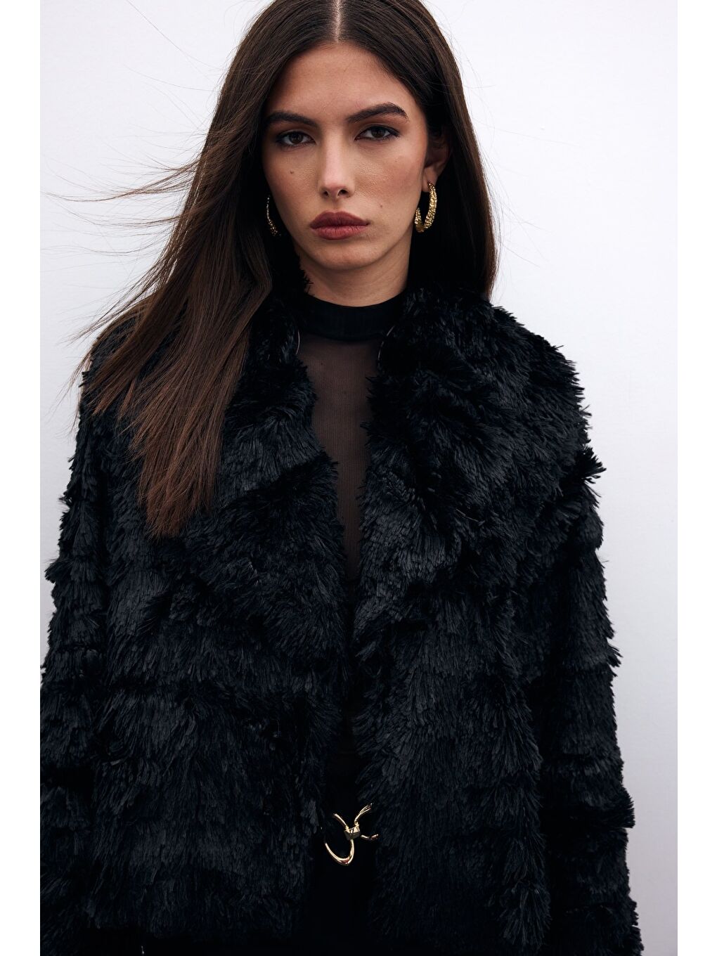 Yakalı Pelüş Ceket - Siyah-2