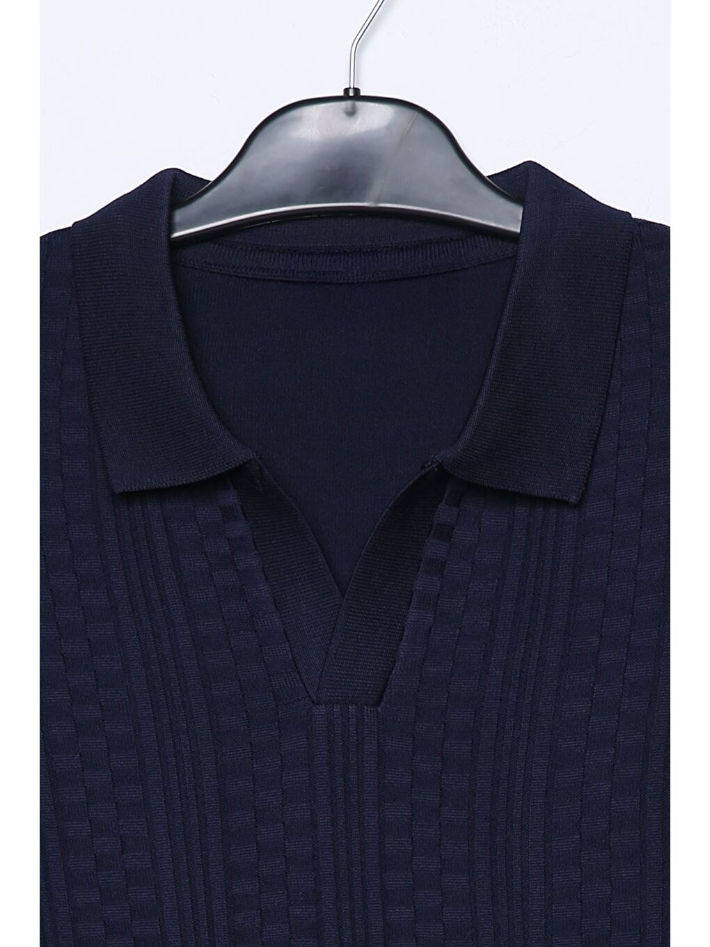 Lacivert Polo Yaka Kendinden Desenli Erkek Triko Kazak-3