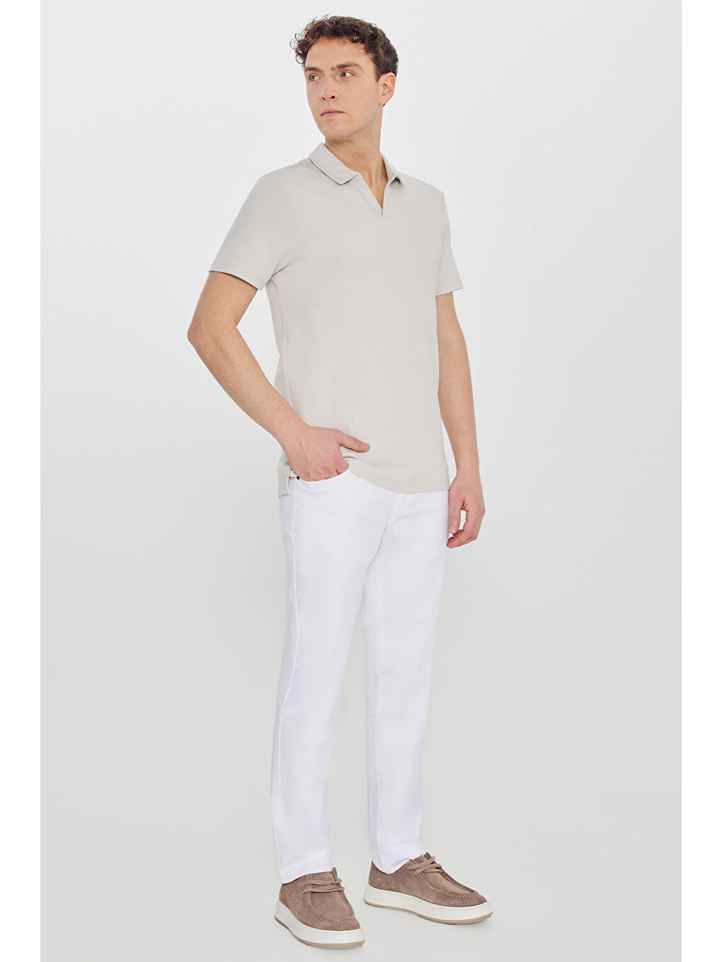 Bej Erkek Taş %100 Pamuk Slim Fit Dar Kesim Polo Yaka Tişört-1