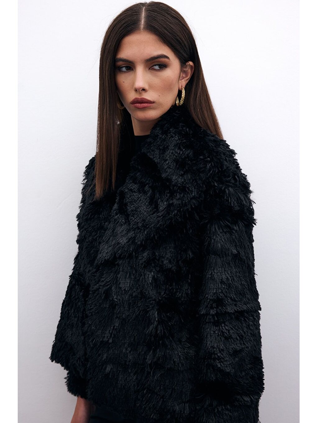 Yakalı Pelüş Ceket - Siyah-3