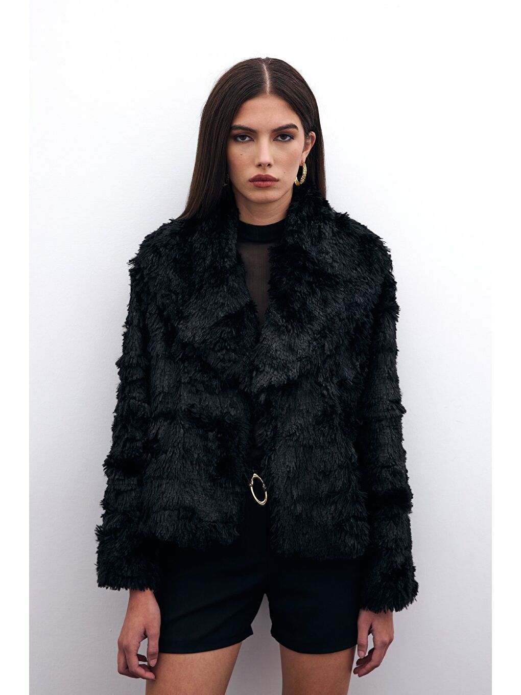 Yakalı Pelüş Ceket - Siyah-4