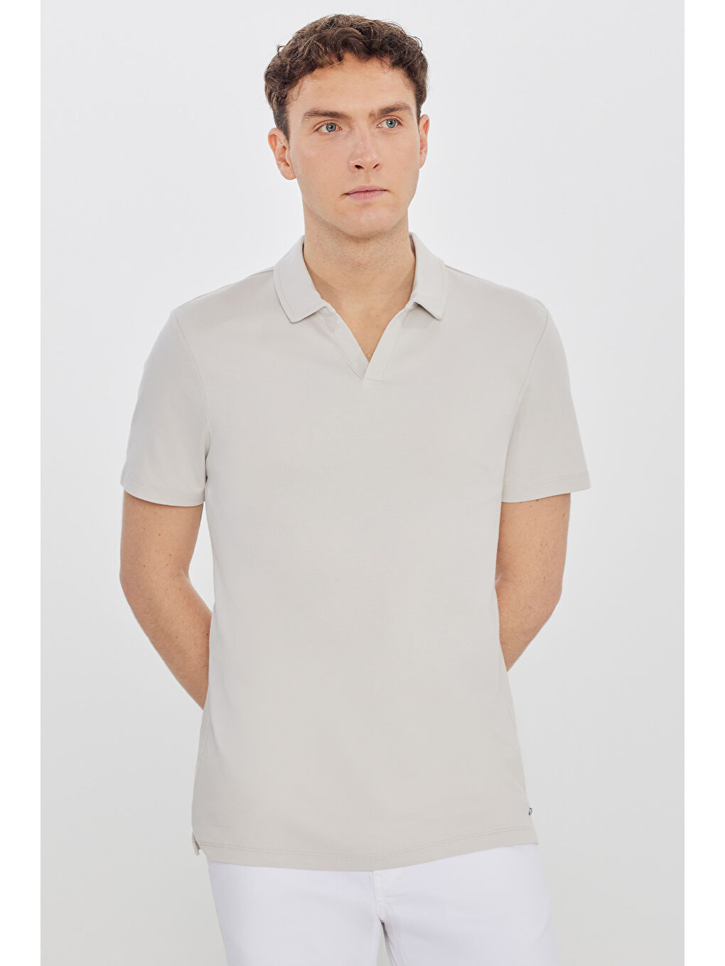 Bej Erkek Taş %100 Pamuk Slim Fit Dar Kesim Polo Yaka Tişört-2