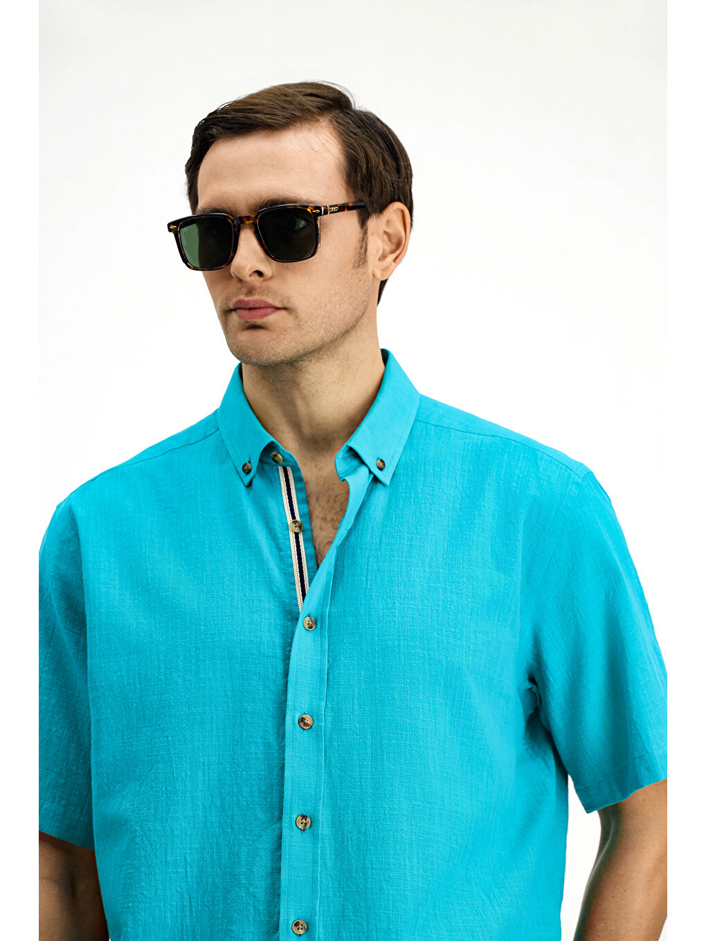 Turkuaz Kısa Kol Regular Fit Düğmeli Yaka Keten Görünümlü Pamuk Spor Gömlek-3