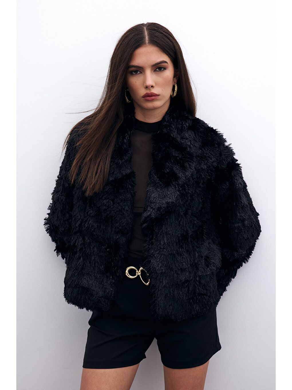 Yakalı Pelüş Ceket - Siyah-5