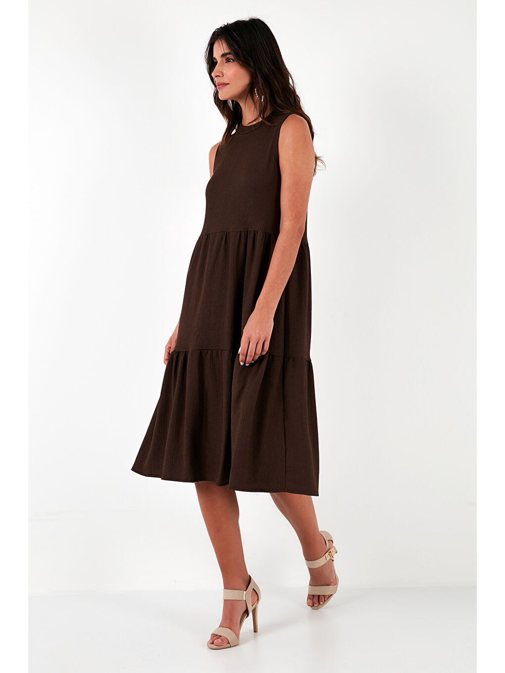 Kahverengi Regular Fit Kolsuz Midi Kadın Elbise 5869008-1