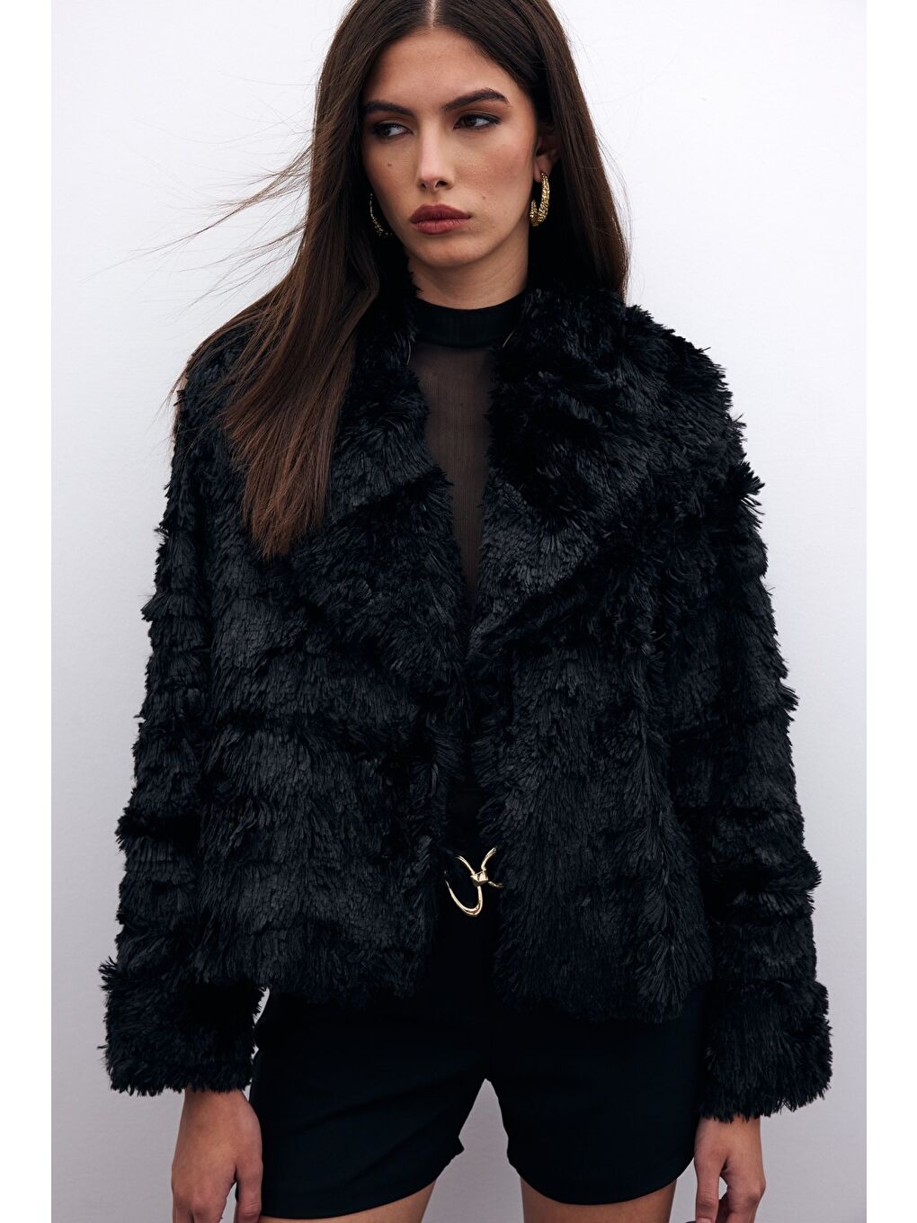 Yakalı Pelüş Ceket - Siyah-6